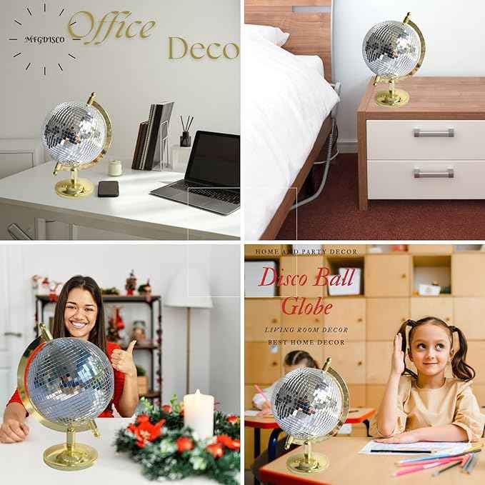 Disco Ball Globe Home Decor Statues Classic Tabletop Art Sculpture Gold Discoball Unique Western Modern Decorative Aesthetic Sculptures, 6.5" x 6" x 9",Bright Gold
