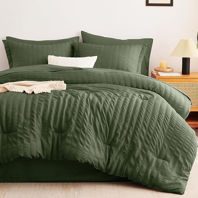 CozyLux Oversized King Comforter Set Olive Green Seersucker 7 Pieces Bed in a Bag King Comforter Set with Sheets, Luxury Soft Bedding Set with Down Alternative Comforter, Sheets, Pillowcases & Shams