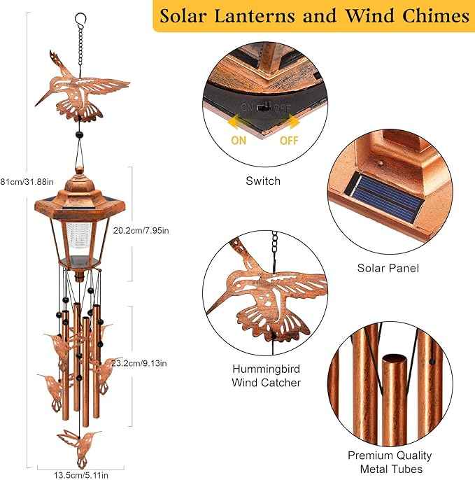 Large Solar Hummingbird Wind Chimes, Gifts for Women Mom Grandma Wife Sister Daughter Neighbor, Classic Bronze Wind Chimes with Wind Catcher, Solar Decor Lights for Outdoor Garden Patio Porch Window