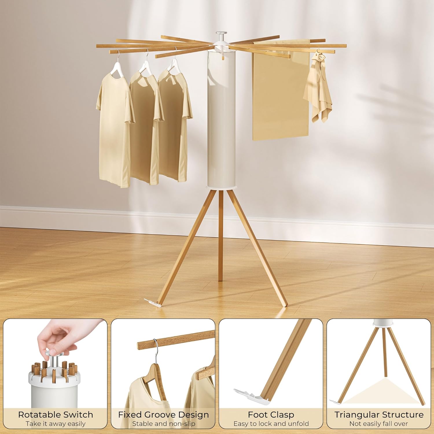 Tripod Clothes Drying Rack, Garment Rack Portable and Foldable Space Saving Laundry Drying Rack - Dryer Rack Clothing Floor Folding Balcony Bedroom Household (Beige(Wood), 12 rods) - NestledHome