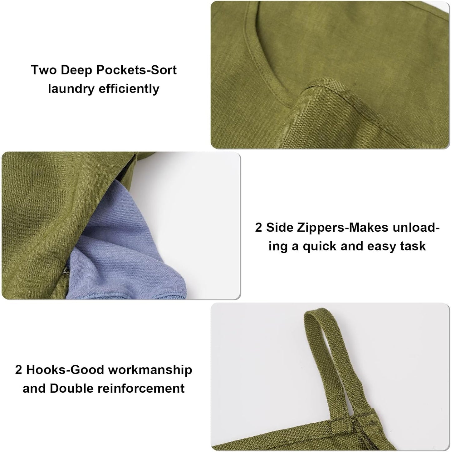 100% Pure Linen Dual Hanging Laundry Bag with 2 Deep Pocket and 2 Side Zipper 20x27in, Over The Door Laundry Hamper Space Saving Hampers for Dirty Clothes Home Travel, Green - NestledHome