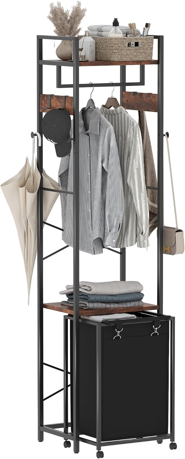 Coat Rack with Laundry Basket, Laundry Hamper Freestanding Hall Tree, Clothes Rack with Storage Shelves, 14.5 Gal Removable Bags on Wheels, Black and Brown JLH005SR - NestledHome