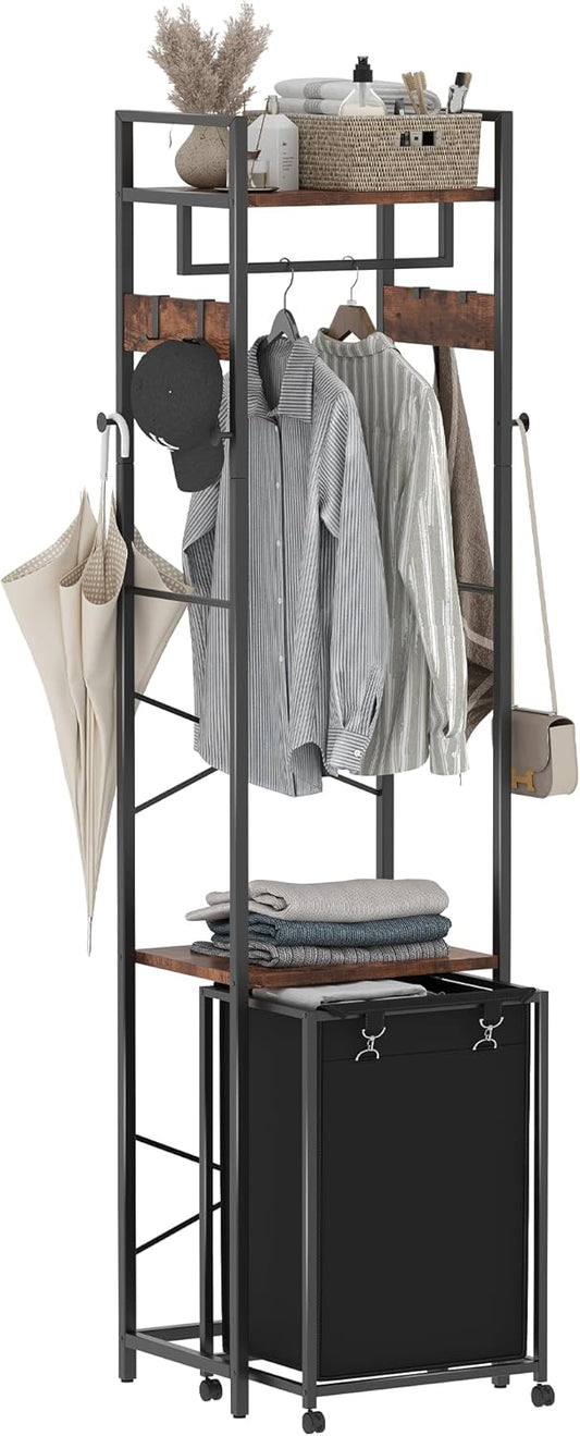 Coat Rack with Laundry Basket, Laundry Hamper Freestanding Hall Tree, Clothes Rack with Storage Shelves, 14.5 Gal Removable Bags on Wheels, Black and Brown JLH005SR - NestledHome