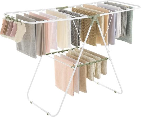SONGMICS Clothes Drying Rack, with Sock Clips, Metal Laundry Rack, Foldable, Space-Saving, Free-Standing Airer, with 2 Height-Adjustable Gullwings, Indoor Outdoor Use, White and Green ULLR052C01 - NestledHome