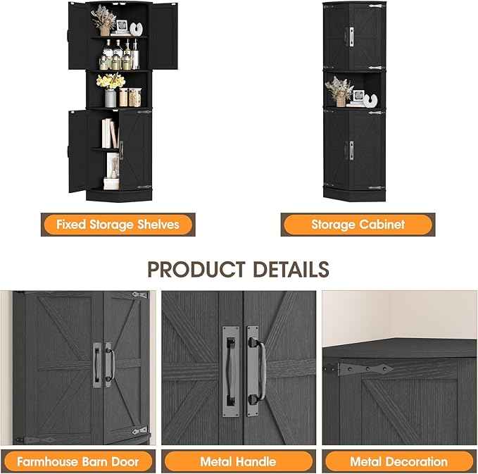 Vabches 64.8" Tall Farmhouse Corner Cabinet with 4 Doors and 5 Storage Shelves, Farmhouse Storage Cabinet with Barn Door Design, Home Space Saver for Living Room, Kitchen, Laundry Room,Black