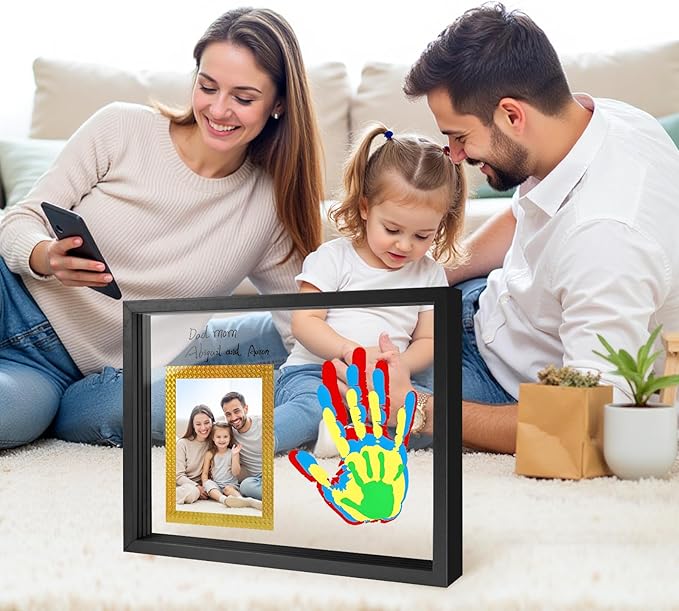 Family Handprint Keepsake Frame Kit with Photo Display – DIY 3D Floating Layered Design for Mom, Dad and Baby – Safe Non-Toxic Paint Set for Footprints – Perfect Baby Shower Gifts, New Parents Couples Keepsake, Home Decor 13.1x9.6 Inch (Black)