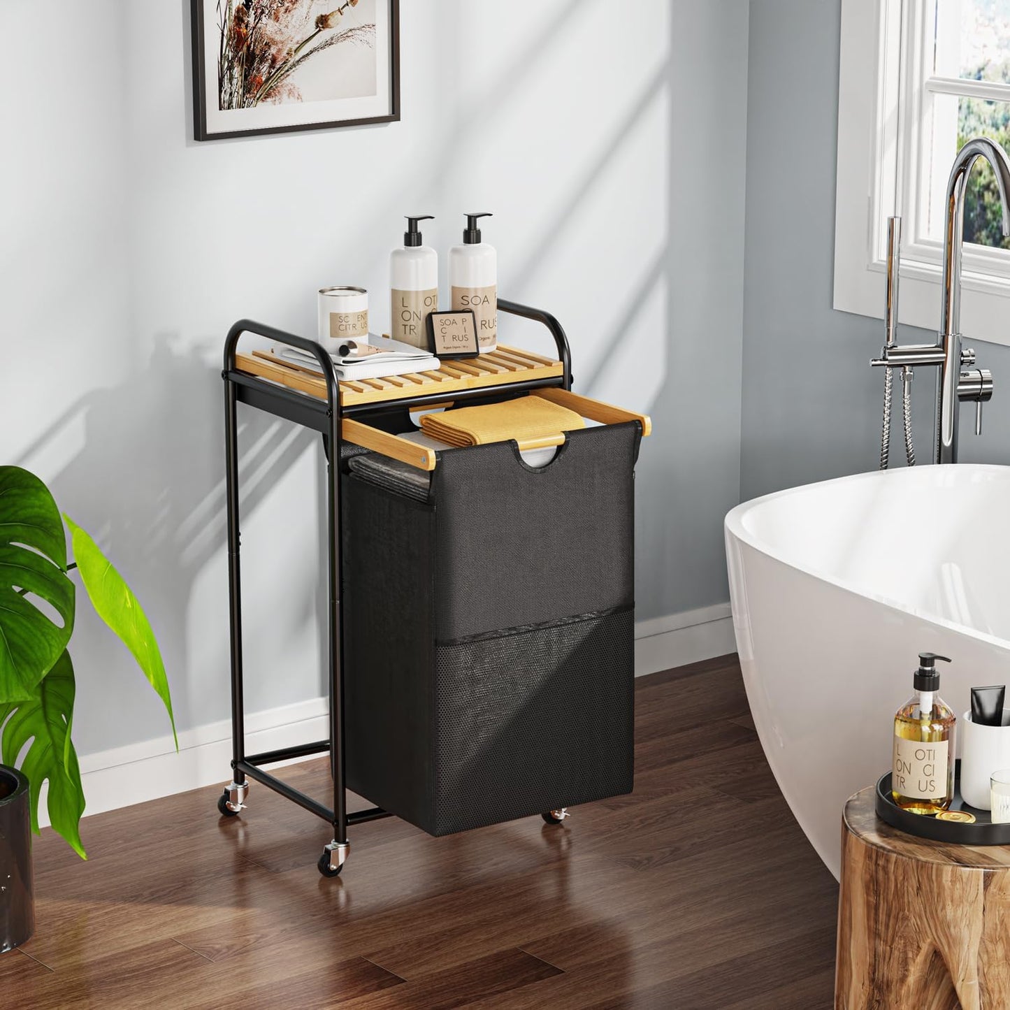 Laundry Hampers 1 Section, Laundry Sorter with Removable Shelf and Pull-Out Bags, Clothes Hampers with Wheels Rolling Cart Basket for Laundry Room Bathroom, 50 L (Black) - NestledHome