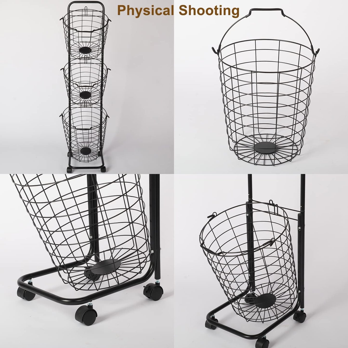 3 Tier Laundry Basket with Rolling Lockable Wheels Wire Metal Sorter Storage Trolley Shelf Basket Durable Metal Sorter Clothes Storage Trolley Shelf with Removable Hamper for Organizing Clothes - NestledHome