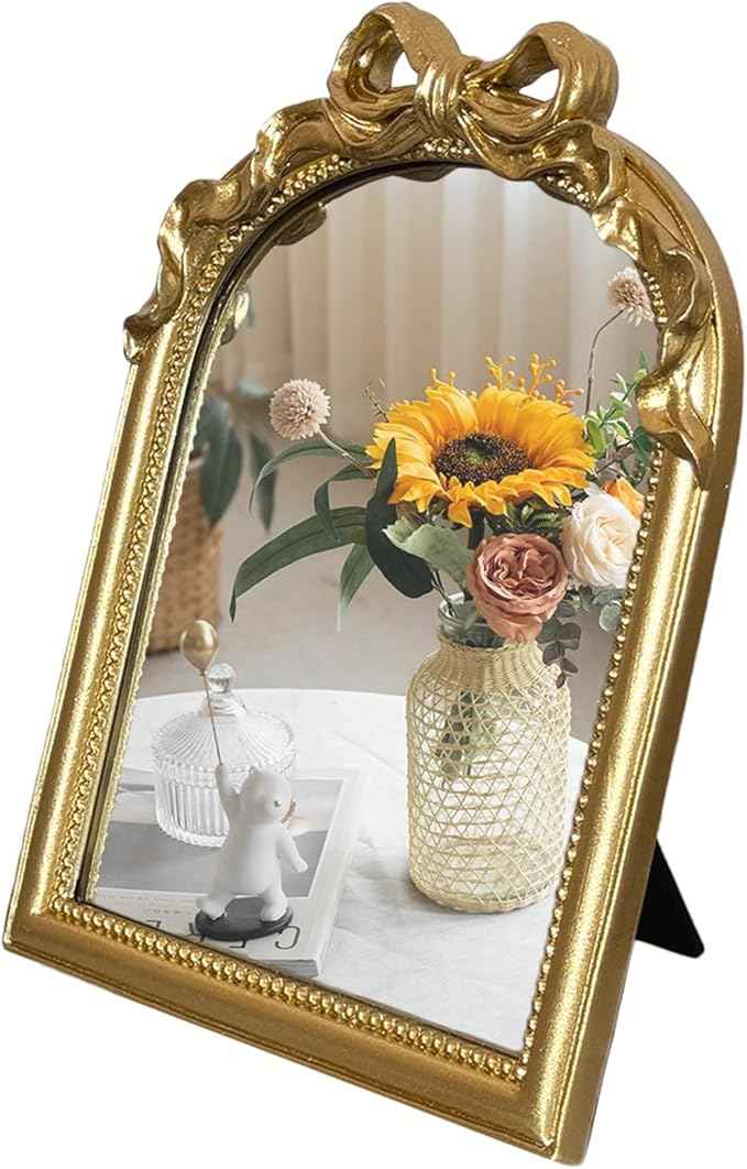 Vintage Vanity Desk Mirror - 13x10 Inch Wall-Mounted & Tabletop Decorative Ornate Gold Accent Retro Makeup Mirror for Bedroom Dresser Bathroom Living Room Dorm(Gold, 13" L x 10" W Bow)