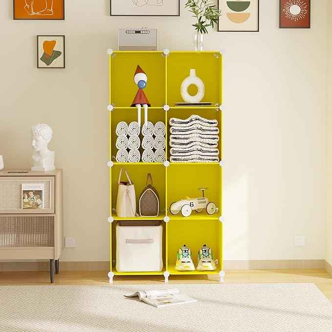 AWTATOS Cube Storage Organizer, 8 Cube Closet Organizers and Storage, DIY Stackable Bookshelf Plastic Clothes Organizer Shelving for Bedroom, Home, Yellow