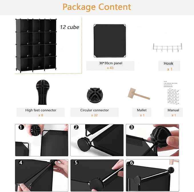 AWTATOS Cube Storage Organizer Closet Storage Shelves DIY Stackable Plastic Storage 12 Cube Bookshelf, Ideal Storage Organizer for Closet, Home, Bedroom, Black