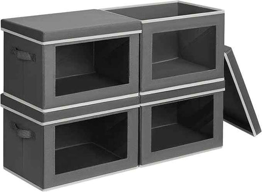 Stackable Storage Bins with Lids - Large Storage Box with Lids, Foldable Closet Boxes for Organizing, Wardrobe Clothes Organizer with Window, Cubes Bins for Living Room, 4 Pack, Dark Grey