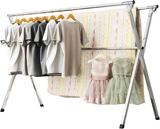 URYAN 95 Inches Clothes Drying Rack, Heavy Duty Stainless Steel Laundry Drying Rack Folding Indoor Outdoor, Portable Drying Rack Clothing, Blanket Rack Clothesline with 20 Windproof Hooks - NestledHome