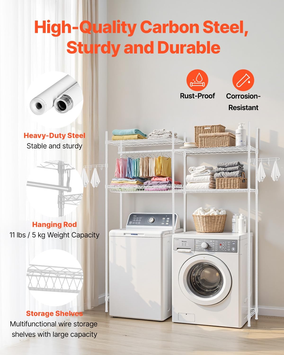 VEVOR Over The Washer and Dryer Storage Shelf, 4 Tier Laundry Room Drying Rack with Hanger Rod and Hooks, Adjustable Over Washer and Dryer Shelves, Laundry Room Shelf Storage Space Saver, White - NestledHome