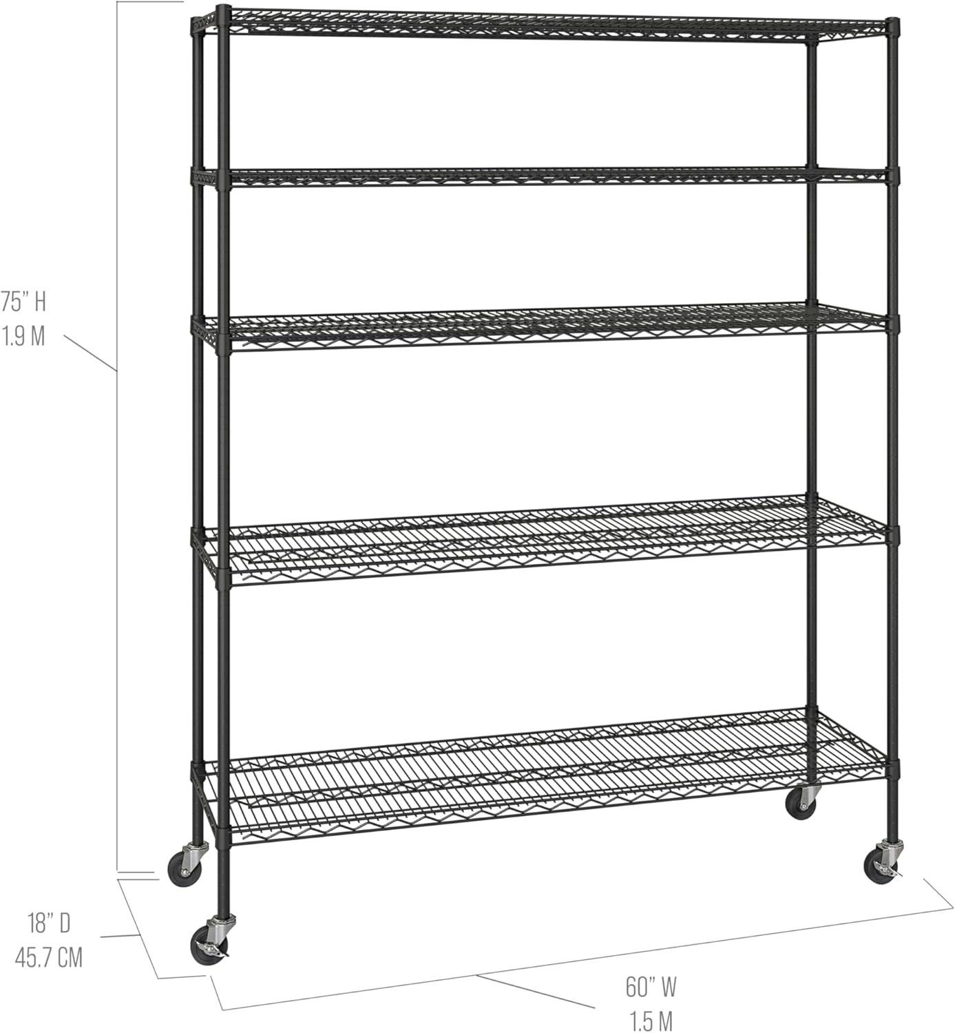Seville Classics UltraDurable Heavy Duty NSF Solid Steel Wire Rack Storage Unit, Organizer for Garage, Warehouse, Office, Restaurant, Classroom, Kitchen, Black, 5-Tier Shelving, 60" W x 18" D - NestledHome