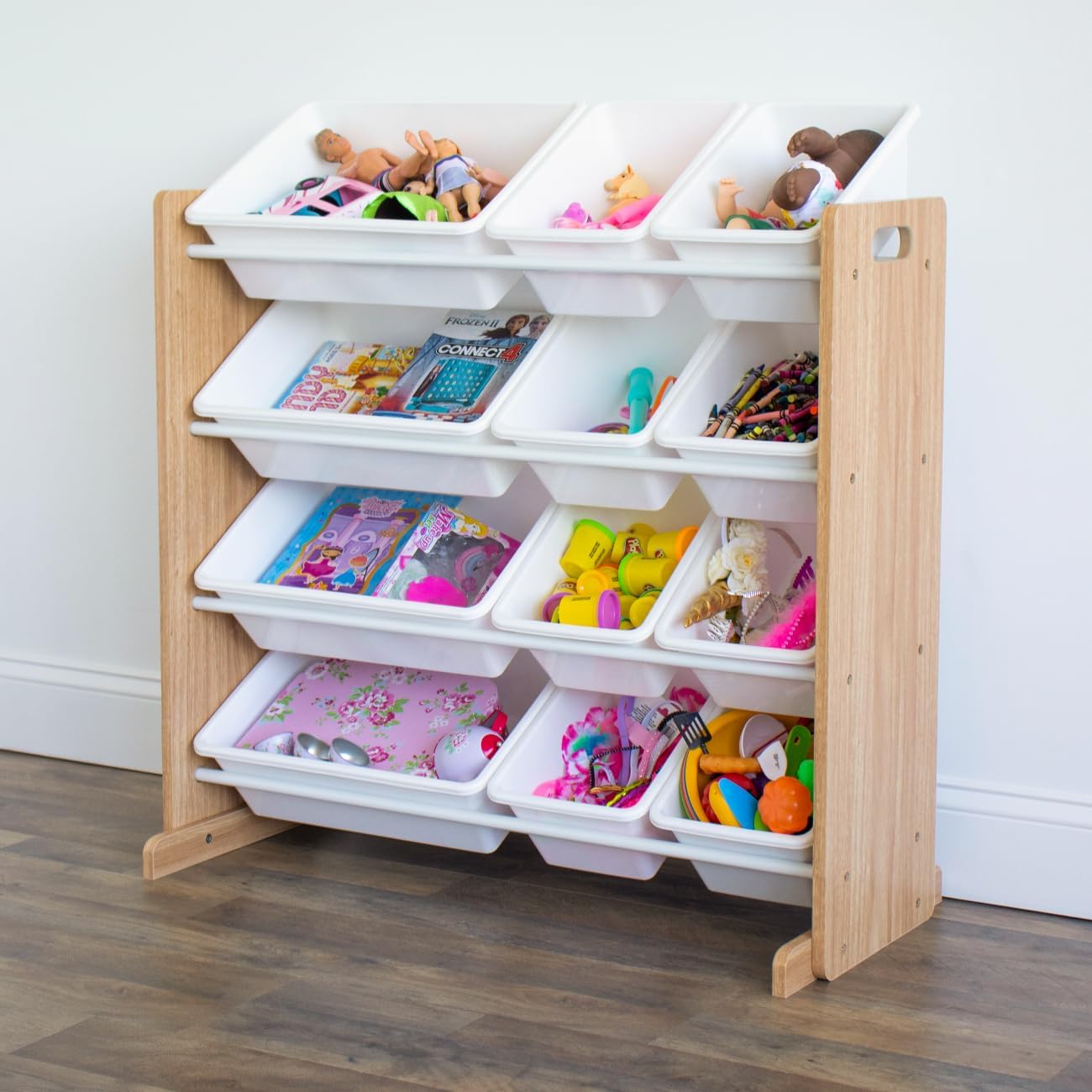 Humble Crew Kids Toy Storage Organizer with 12 Plastic Bins, Natural Wood/White – Removable Bins for Playroom, Bedroom, Toddler Furniture for Boys and Girls Ages - NestledHome