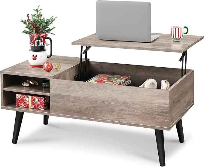 WLIVE Lift Top Coffee Table for Living Room,Small Coffee Table with Storage, Adjustable Shelf and Storage Compartment, Mid Century Modern Living Room Table, Greige