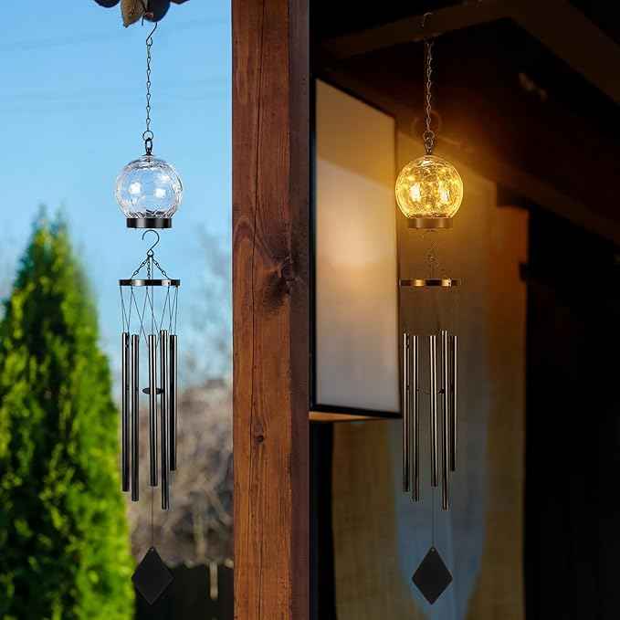 BreezeHug Solar Wind Chimes Outdoor Lights 42 Inch Large Sympathy Gift Chime 15 LED Twinkle Warm White Crackled Glass Ball Hanging Lantern Gifts for Birthday Garden Yard Patio Landscape Decor