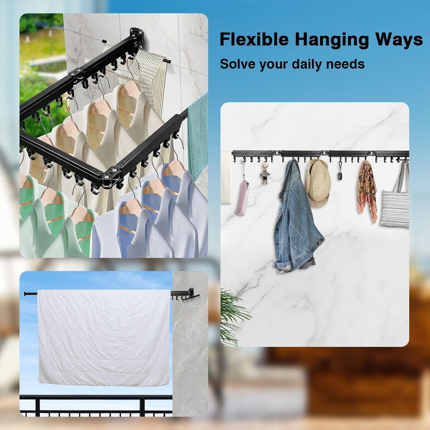 Gezen Clothes Drying Rack, Wall Mounted Drying Rack Clothing Retractable, Foldable Clothes Hanger Rack with 24 Hooks for Laundry Room Organization and Storage, Space Saving, Collapsible, Quad-Fold - NestledHome
