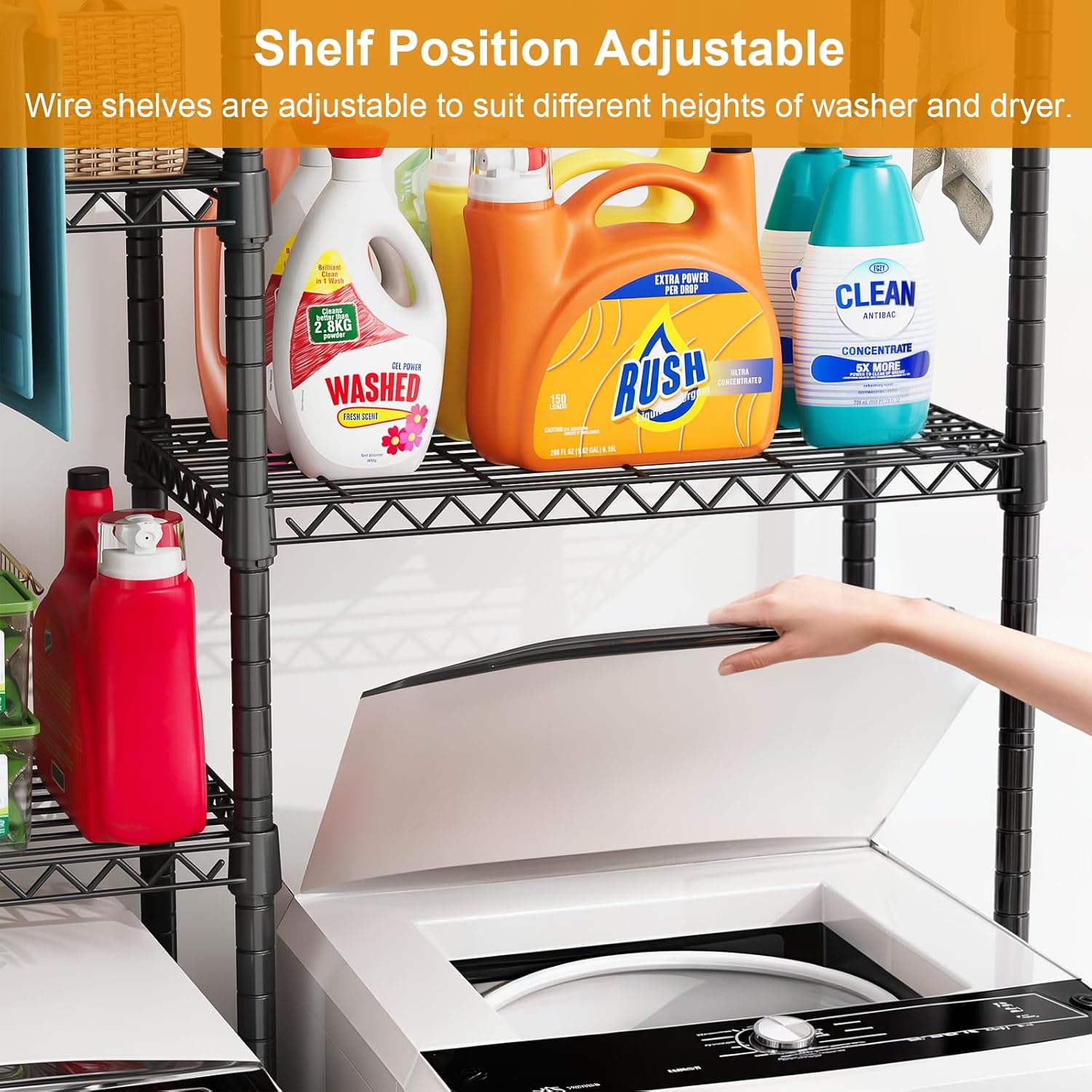 U14 Over Washer and Dryer Storage Shelves, 4 Tiers Laundry Room Storage and Organizer System, Space Saving Clothes Drying Rack with 2 Clothes Hanger Rods, 66.5" W x 20.5" D x 77.4" H, Black - NestledHome