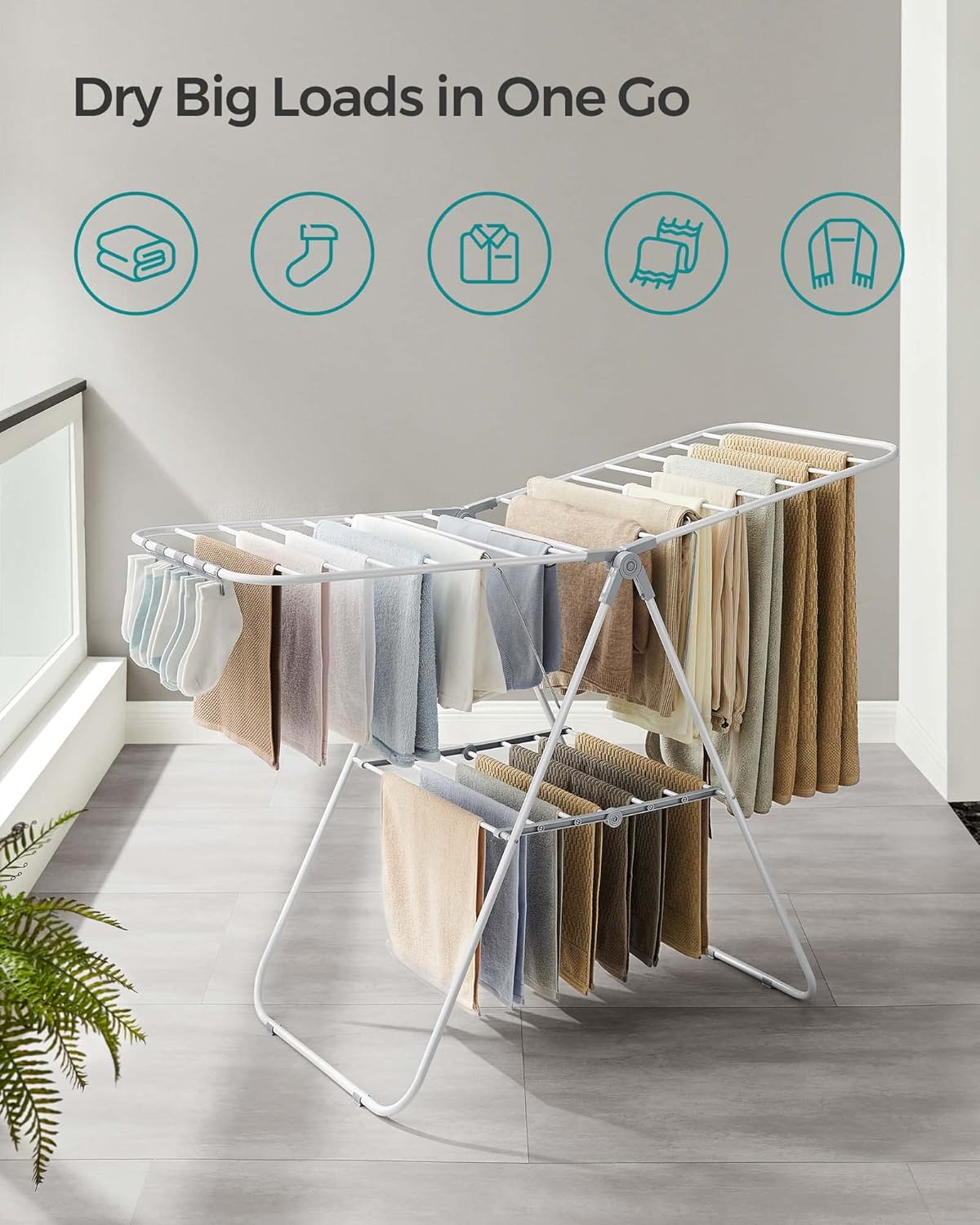 SONGMICS Clothes Drying Rack, with Sock Clips, Metal Laundry Rack, Foldable, Space-Saving, Free-Standing Airer, with 2 Height-Adjustable Gullwings, Indoor Outdoor Use, White and Gray ULLR052W02 - NestledHome