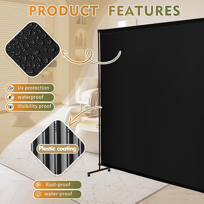 Room Divider Screen 72"x72" with Lockable Caster Wheels, Privacy Panel for Home, Office, or Classroom, Easy to Move and Secure with Brake,Height Adjustable (Black, 72 X 72 Inches)
