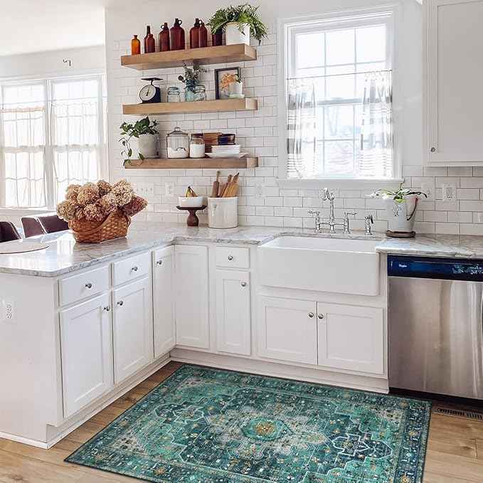 Moynesa Ultra-Thin Washable Vintage Area Rug - 3x5 Boho Entry Throw Rug Non-Slip Oriental Medallion Bedroom Mat Non-Shedding Indoor Floor Carpet for Living Laundry Room, Teal/Mutil