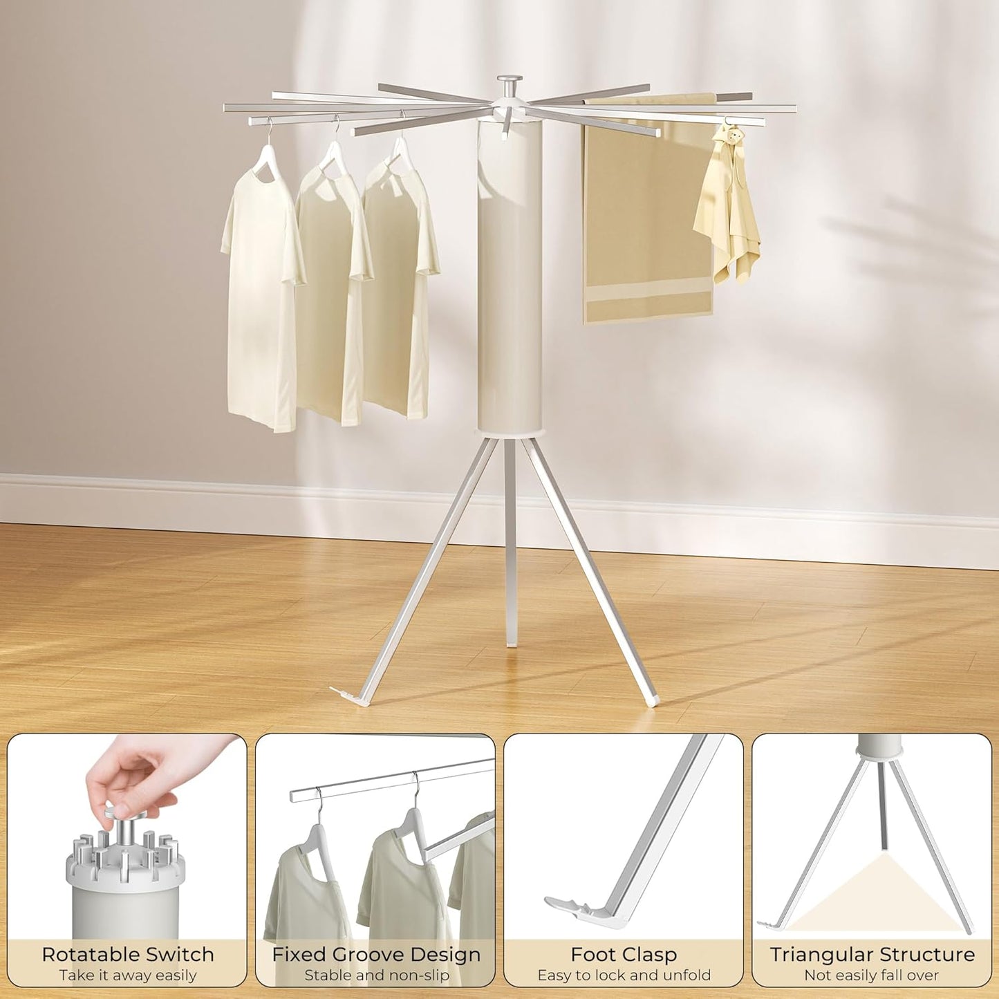 Tripod Clothes Drying Rack, Garment Rack Portable and Foldable Space Saving Laundry Drying Rack - Dryer Rack Clothing Floor Folding Balcony Bedroom Household (Silver(Aluminum), 12 rods) - NestledHome