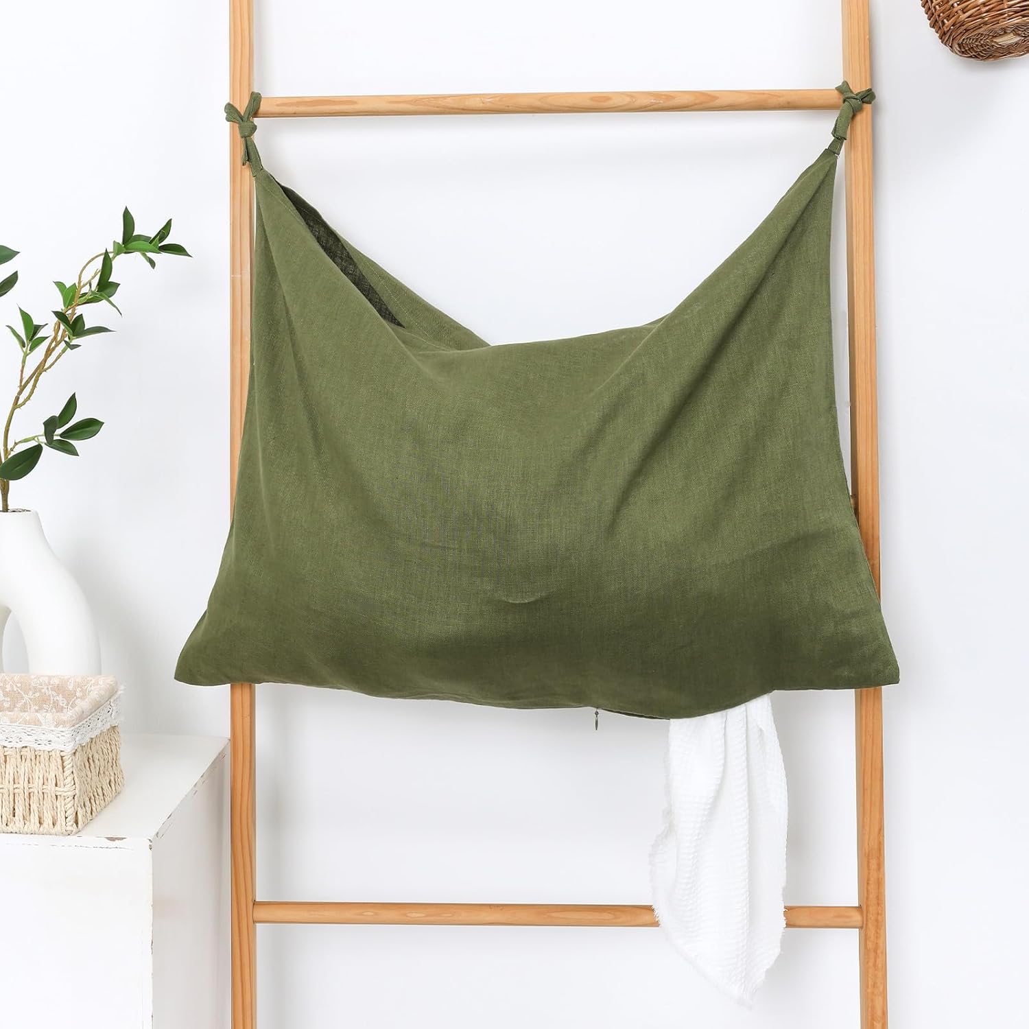 Hanging Linen Laundry Bag, 100% Pure Flax Linen Over The Door Hamper with Bottom Zipper for Laundry Room, Household Dirty Cloth Storage Organizer Bag, Army Green - NestledHome