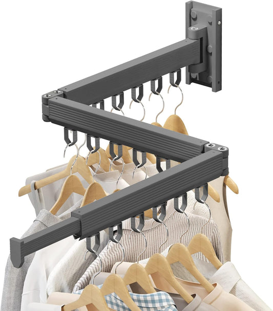 Wall Mounted Clothes Drying Rack - Foldable, Retractable Laundry Hanger with Grey-Rings - NestledHome