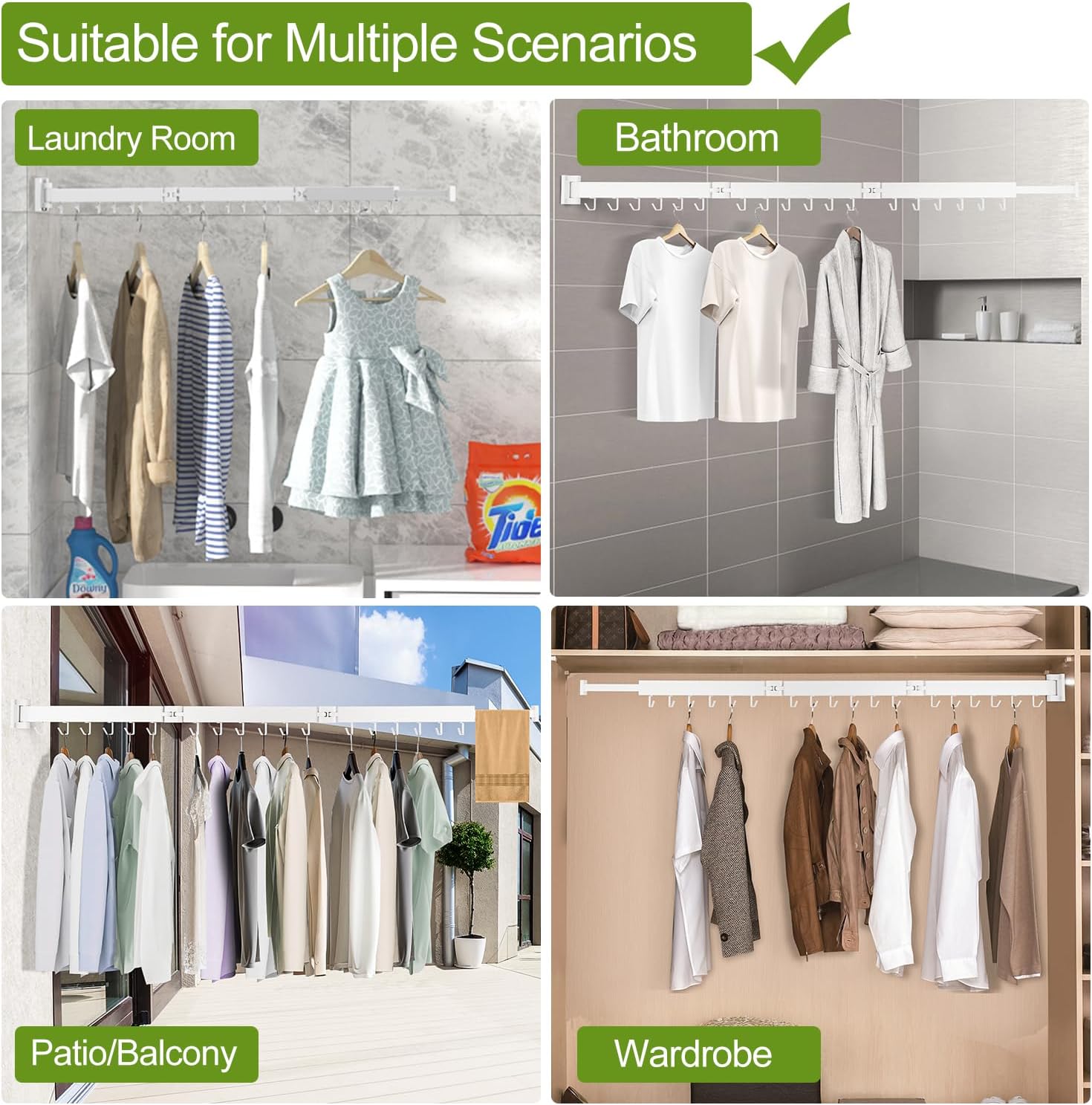 Foldable Clothes Drying Rack, 2 Fold Laundry Drying Rack Wall Mount, [No Drilling] Folding & Durable Space Saver for Laundry, Balcony, Bathroom, Patio, Dormitory, Apartment-White - NestledHome