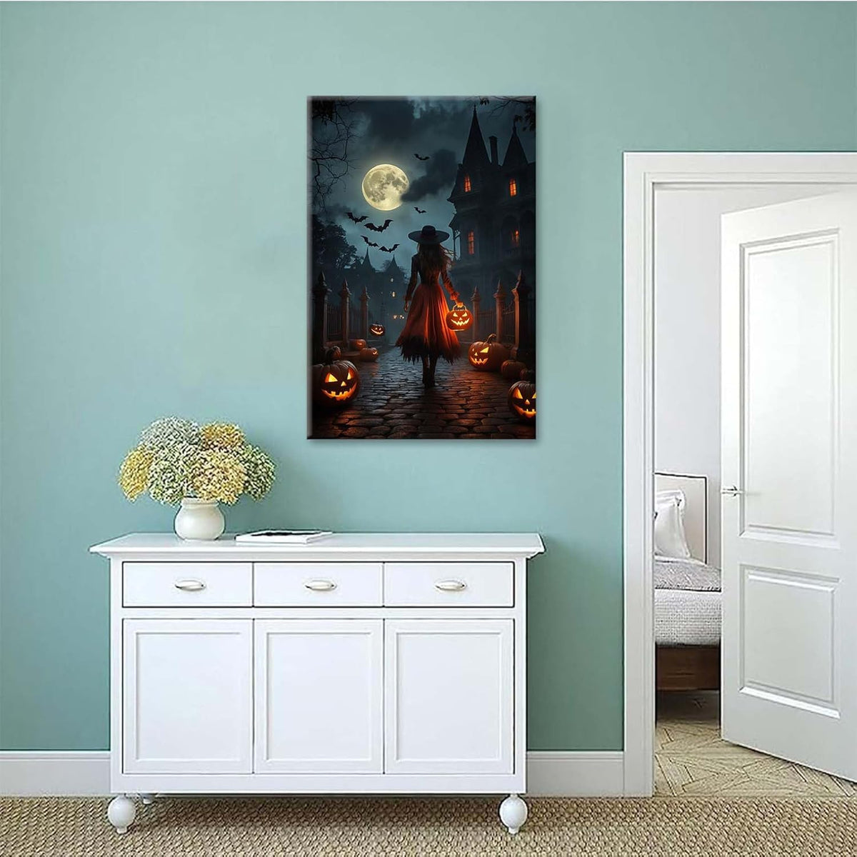 Halloween theme poster moonlit autumn night witch vintage poster art print dark college style gothic painting canvas wall decoration bedroom living room ideal gift28x40in Wood Framed