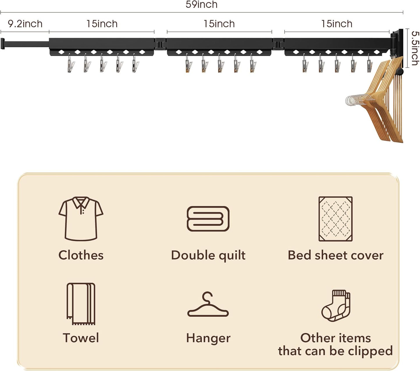 Wall Mounted Clothes Hanger, Aluminum Clothes Drying Rack, Space Saver, Retractable, Windproof Holes, with Clips - NestledHome