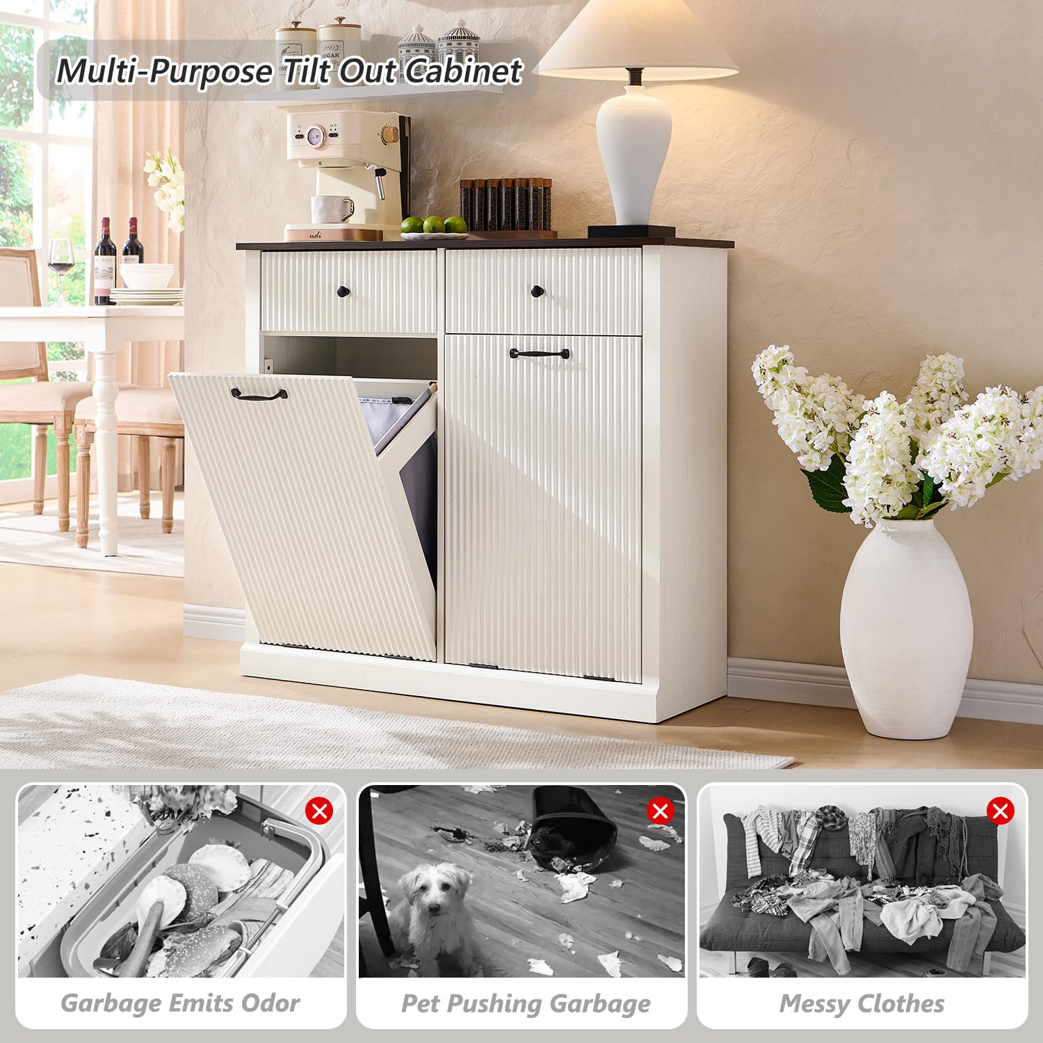 Modern Double Tilt-Out Trash Cabinet, 20 Gallon Fluted Laundry Hamper Cabinet w/2 Drawers, Wooden Hidden Garbage Can Cabinets with Storage Basket,Free Standing for Kitchen & Living Room, White - NestledHome