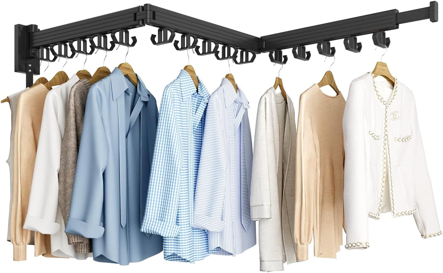 Clothes Drying Rack, Wall Mounted Laundry Drying Rack, Upgrade 3-Fold Foldable Collapsible Retractable Clothing Drying Rack with 12 Dual Hooks Organization for Laundry Room Indoor- Black - NestledHome