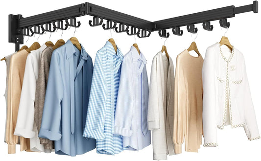 Clothes Drying Rack, Wall Mounted Laundry Drying Rack, Upgrade 3-Fold Foldable Collapsible Retractable Clothing Drying Rack with 12 Dual Hooks Organization for Laundry Room Indoor- Black - NestledHome