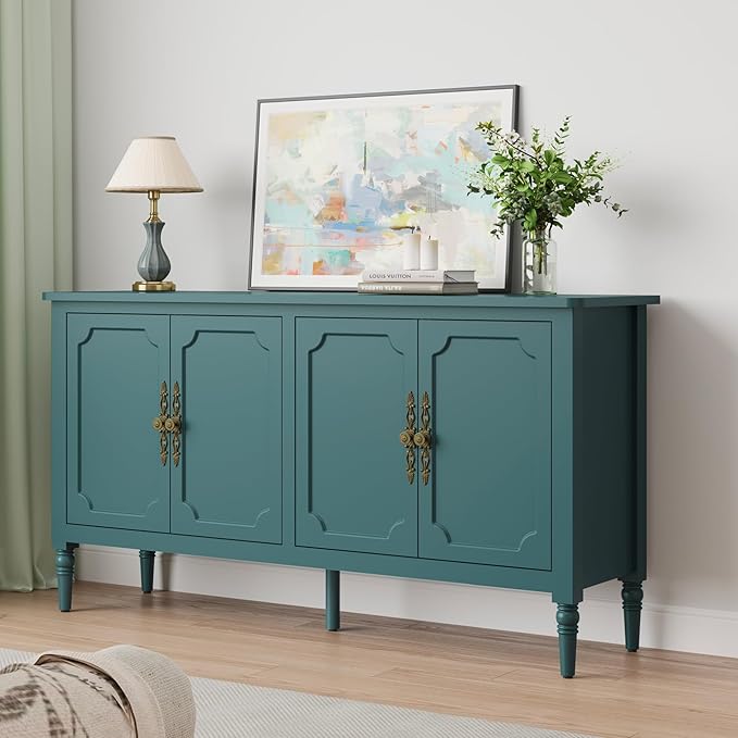 RoyalCraft 59" Buffet Cabinet with Storage, Vintage Sideboard with Adjustable Shelves & Carved Handle, Mid Century Modern Painted Credenza Coffee Bar for Kitchen, Dining Room, Turquoise Blue