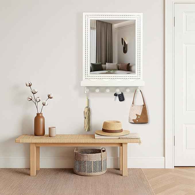 Tirzah 16x12 Inch Wall Mount Beaded Wood Framed Mirror with Shelf and 6 Hooks, White Decorative Entryway Mirror with Storage for Laundry Room, Bathroom, Bedroom