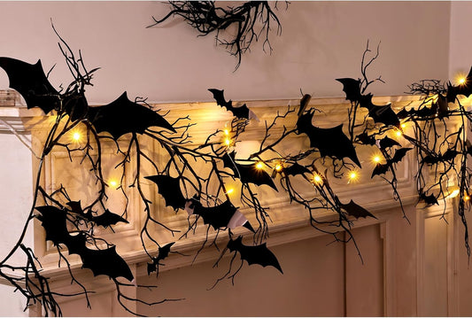 Gothic Halloween Banner: 1pc Haunted Bat Dark Dead Branch Halloween Party Banner with LED Lights, Decorative Bat Vine Twig Garland Decorations for Home Wall Mantel Doorways Front Decor