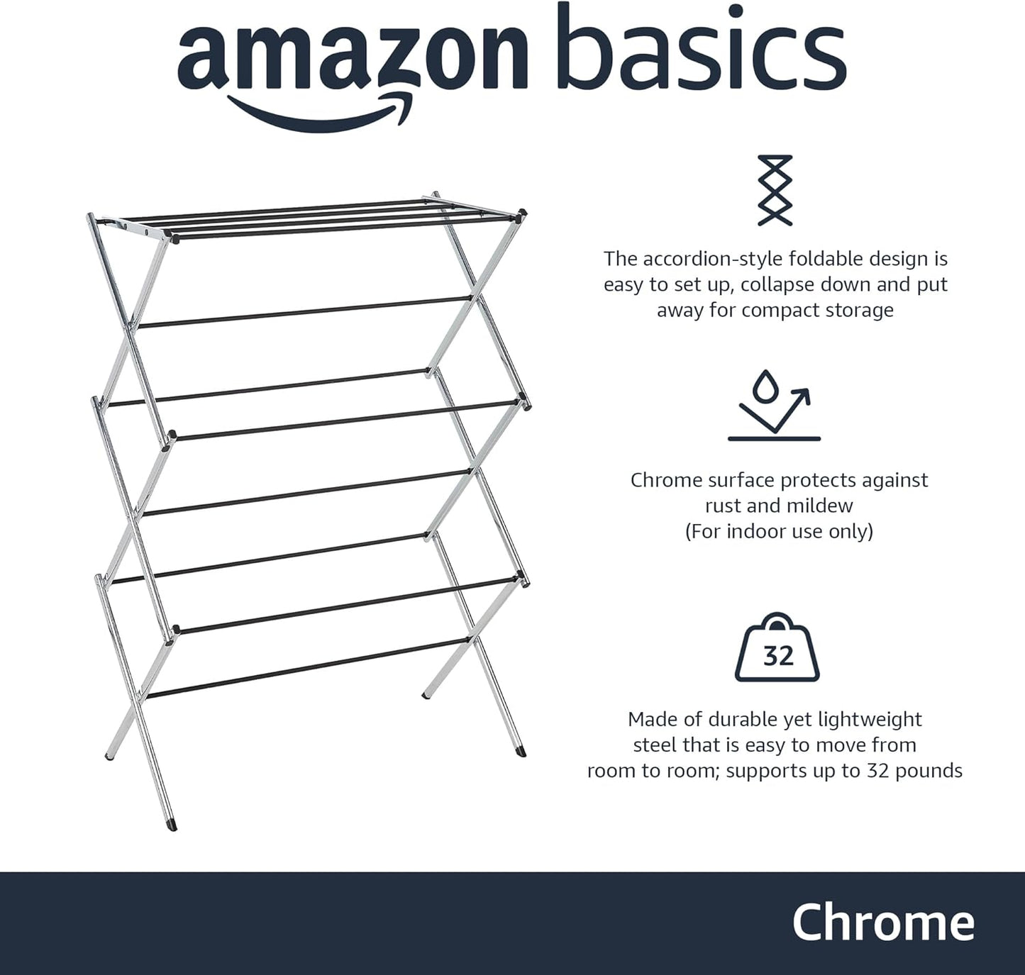 Amazon Basics Foldable Portable Laundry Drying Rack for Indoor Air Drying Clothing, 14.5 x 29.5 x 41.8 inches (LxWxH), Chrome Silver - NestledHome