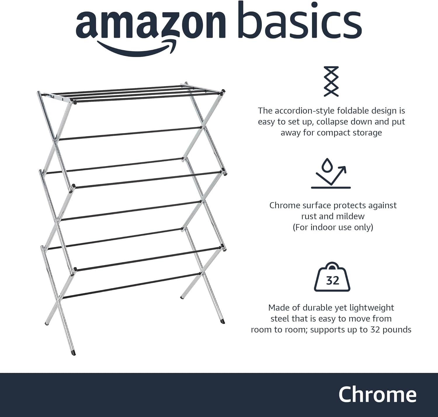 Amazon Basics Foldable Portable Laundry Drying Rack for Indoor Air Drying Clothing, 14.5 x 29.5 x 41.8 inches (LxWxH), Chrome Silver - NestledHome