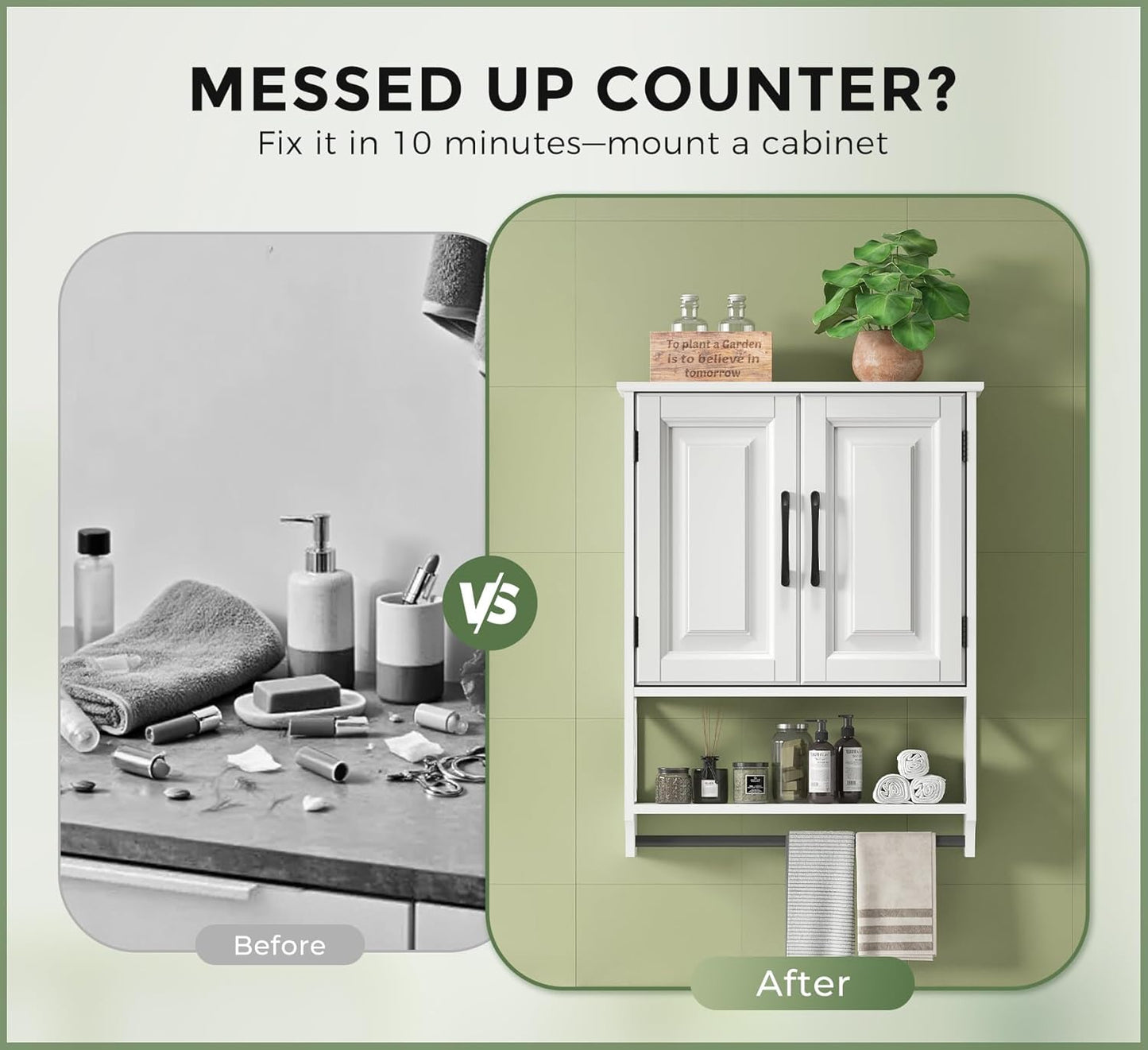 Bathroom Cabinet Wall Mounted, White Bathroom Wall Cabinets with Towel Bar and 2 Doors, Wooden Medicine Cabinet with Adjustable Shelf, Open Storage - NestledHome