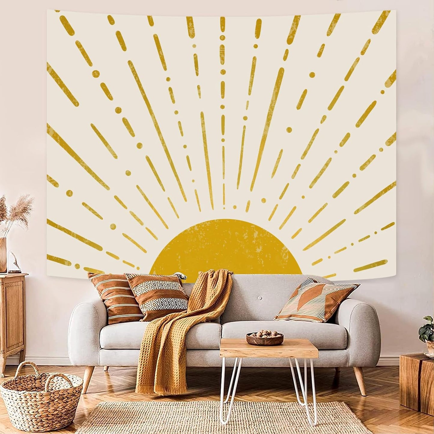 Kanuyee Gold Boho Burning Sun Tapestry Wall Hanging, Retro 70s Abstract Vintage Geometric Line Sunrise Tapestries for Bedroom Living Room Backdrop 60×80 inch