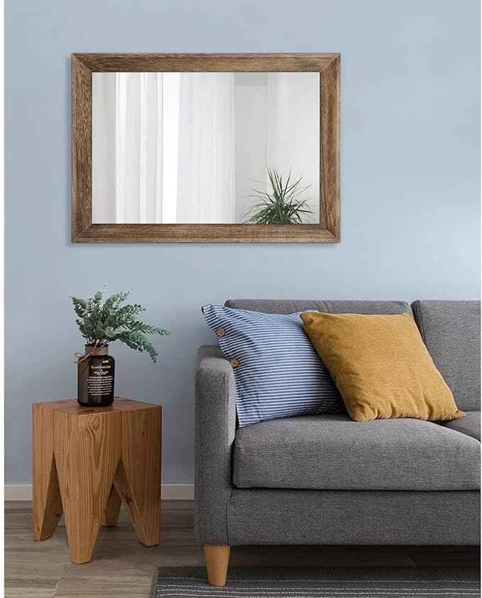 AAZZKANG Rustic Wood Mirror Rectangle Decorative Wall Mirrors with Frame Large 26"x18"for Bedroom Living Room Bathroom Entryway Hanging Brown