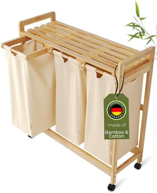 Laundry basket with wheels beige - Large Bamboo Laundry Sorter with Removable Cotton Bags - 3 Section laundry room organization - Durable, Eco-Friendly, and Stylish Storage Solution for Home - NestledHome