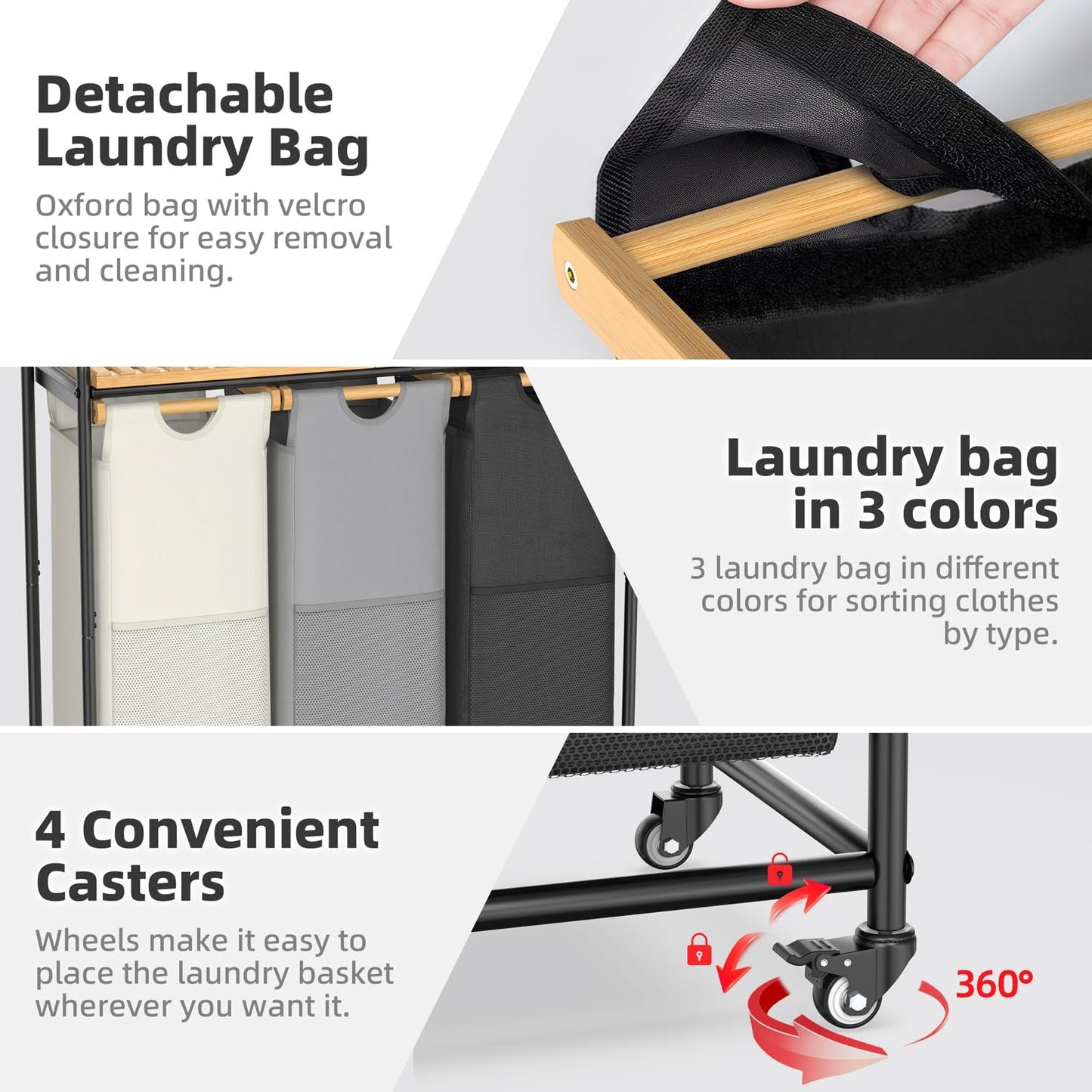 Laundry Hampers 3 Section, Laundry Sorter with Removable Shelf and Pull-Out Bags, Clothes Hampers with Wheels Rolling Cart Basket for Laundry Room Bathroom, 3 x 40 L (Black White Gray) - NestledHome