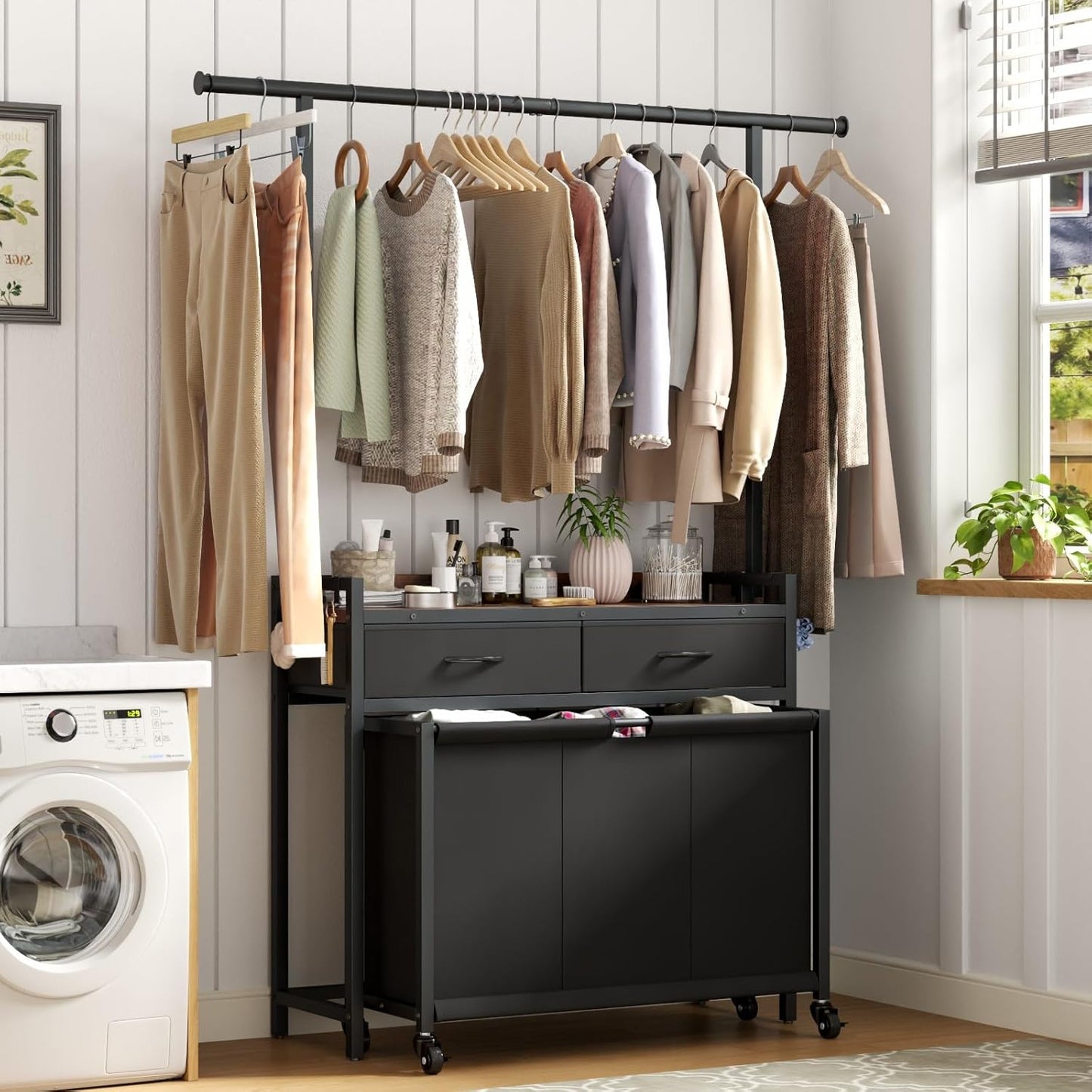 Laundry Sorter Hamper with Hanging Cloth Rack, Laundry Basket with 3 Section Pull-Out Rolling Bags, Laundry Sorter for Organization and Storage with 2 Drawers for Laundry Room (Vinatge Brown) - NestledHome
