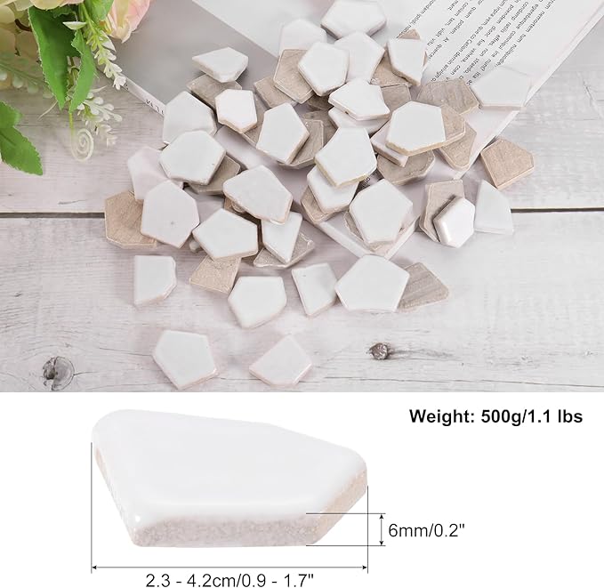 uxcell 500g/1.1LB Irregular Ceramics Mosaic Tiles, 2.3-4.2 cm Bulk Stained Ceramic Mosaic Pieces Stones Mosaic Kits for DIY Art Craft Projects Home Decor, White