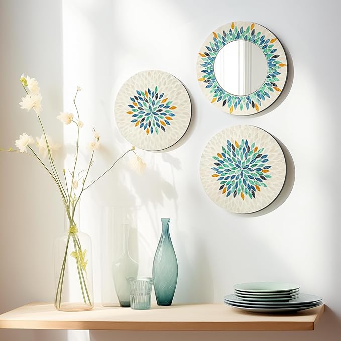 Jewel-Tone Mother of Pearl Mirror Wall Decor for Living Room, 3PCS Handmade Round Wall Art for Home Guest Room Decoration, Unique Mosaic Art Gift for Birthday Wedding Housewarming (Colored)
