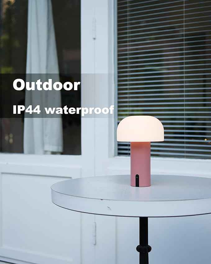 Cordless Mushroom Table Lamp, Waterproof Shower Lamp, Battery Operated Table Lamp Rechargeable, Touch Dimmable Night Light for Bedroom/Patio/Camping/Dinning/Outdoor (Pink)